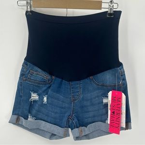 3/$15 BLUE SAVVY Maternity Denim Shorts Size Small Full Panel Waistband Distress